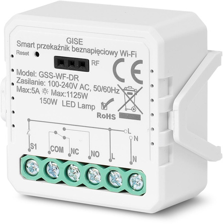 GISE Smart Pojedynczy moduł przekaźnikowy bezpotencjałowy WiFi | Tuya | GSS-WF-DR