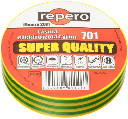 TAŚMA IZOLACYJNA REPERO 701 ŻÓŁTO-ZIELONA 19MMX20M