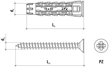 Kołek uniwersalny 10x50/70, wkręt z łbem stożkowym, karton (SFXP-10050070 x 50szt.)