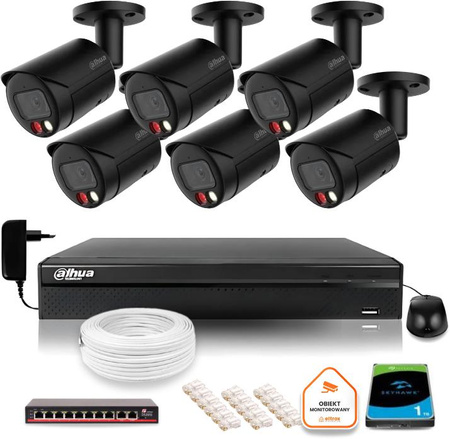 Zestaw monitoringu IP Dahua 4MPx 2K 6 kamer czarnych zewnętrznych z dyskiem