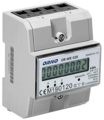 OR-WE-520 Orno 3-fazowy licznik energii elektrycznej, 80A, MID, 3 moduły, DIN TH-35mm