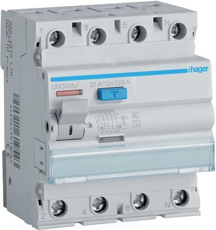 Wyłącznik różnicowoprądowy 3P+N 25A 30mA 6kA AC HAGER CDC425J