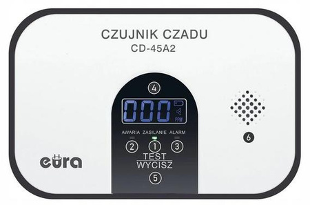 Czujnik czadu Eura CD-45A2 wolnostojący, bateryjny, wyswietlacz LCD