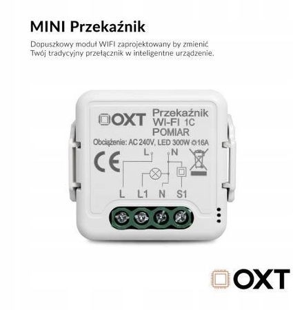 Moduł OXT przekaźnik 1 obwód pomiar 16A WIFI TUYA T220P