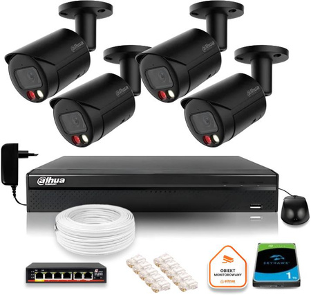 Zestaw monitoringu IP Dahua 4MPx 2K 4 kamery czarne zewnętrzne z dyskiem