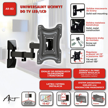 Uchwyt Do TV LCD/LED 10-42" 15KG AR-83 ART reg.pion/poziom 26,5cm