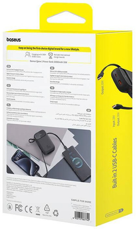 Powerbank Baseus QPow 2 10000mAh 30W z 2 wbudowanymi kablami USB-C - czarny
