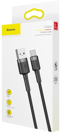 KABEL USB-A / USB-C Baseus Cafule CATKLF-CG1 200cm 2A QC 3.0 CZARNO-SZARY W NYLONOWYM OPLOCIE