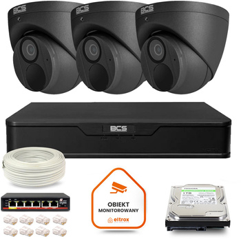 Zestaw monitoringu IP BCS Point 3x Kamera BCS-P-EIP28FWR3-Ai2-G Rejestrator z dyskiem