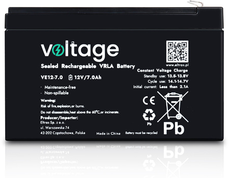Akumulator AGM Voltage 12V 7Ah VE12-7.0 (Żywotność 6-9 lat)