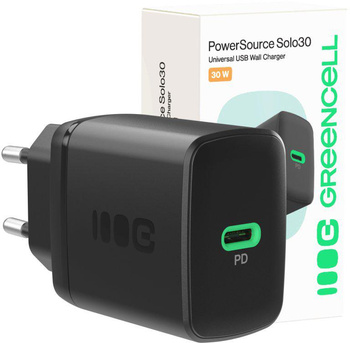 ŁADOWARKA SIECIOWA Greencell PowerSource Solo30 30W 1xUSB-C PD 3.0 QC 4.0+ czarna