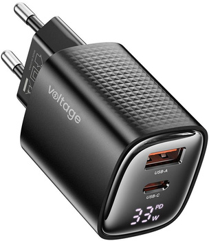 Ładowarka sieciowa Voltage GaN Charger Mini 33W PD 3.0 QC 3.0 USB-A USB-C Digital Display czarna