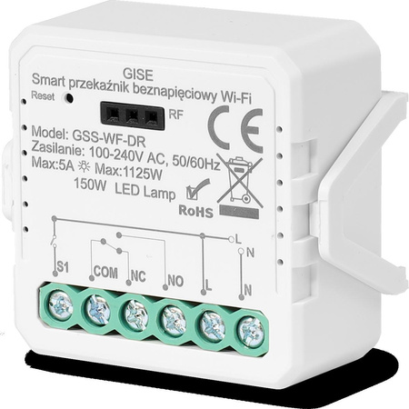 GISE Smart Pojedynczy moduł przekaźnikowy bezpotencjałowy WiFi | Tuya | GSS-WF-DR