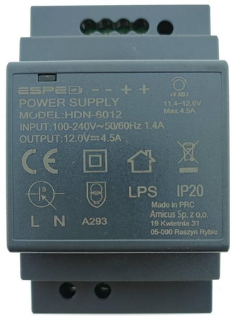 Zasilacz Impulsowy Na Szynę DIN Espe HDN-6012 12V/54W/4.5A