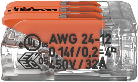 Szybkozłączka uniwersalna LINKA/DRUT 3x 0,2-4mm2 WAGO 221-413 (Paczka 50szt.)