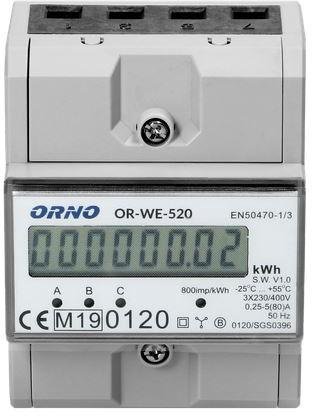 OR-WE-520 Orno 3-fazowy licznik energii elektrycznej, 80A, MID, 3 moduły, DIN TH-35mm