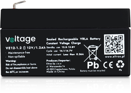 Akumulator AGM Voltage 12V 1,2Ah VE12-1.2 (Żywotność 6-9 lat)