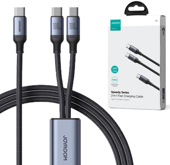 Kabel 2w1 USB-C / 2x USB-C Joyroom Speedy SA21-1T2 150cm 100W w oplocie czarny