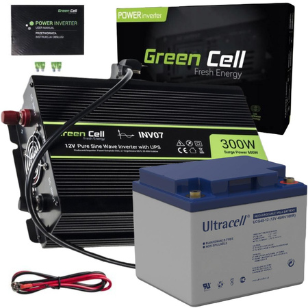 Zestaw Przetwornica Green Cell 12V / 230V 300W/600W Czysty Sinus + Akumulator AGM 12V 45Ah